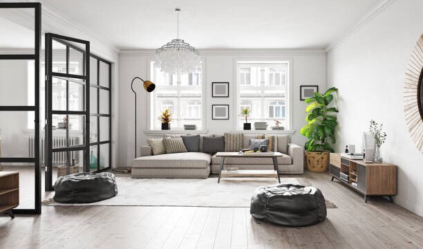 modern living interior design. 3d concept illustration