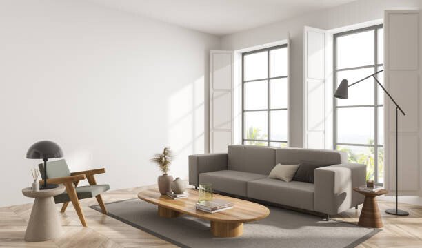 Lounge room interior with armchair and couch on carpet, wooden coffee table and window shutters with countryside, parquet floor. Copy space blank white wall, 3D rendering