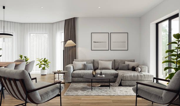 Open space living room and kitchen interior with large windows, TV wall, gray sofa, dining table and hardwood flooring. Modern design solution