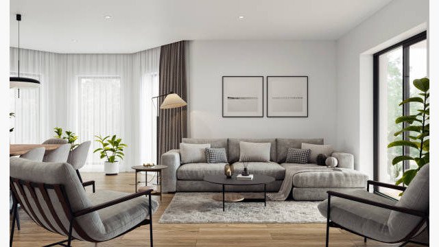 Open space living room and kitchen interior with large windows, TV wall, gray sofa, dining table and hardwood flooring. Modern design solution